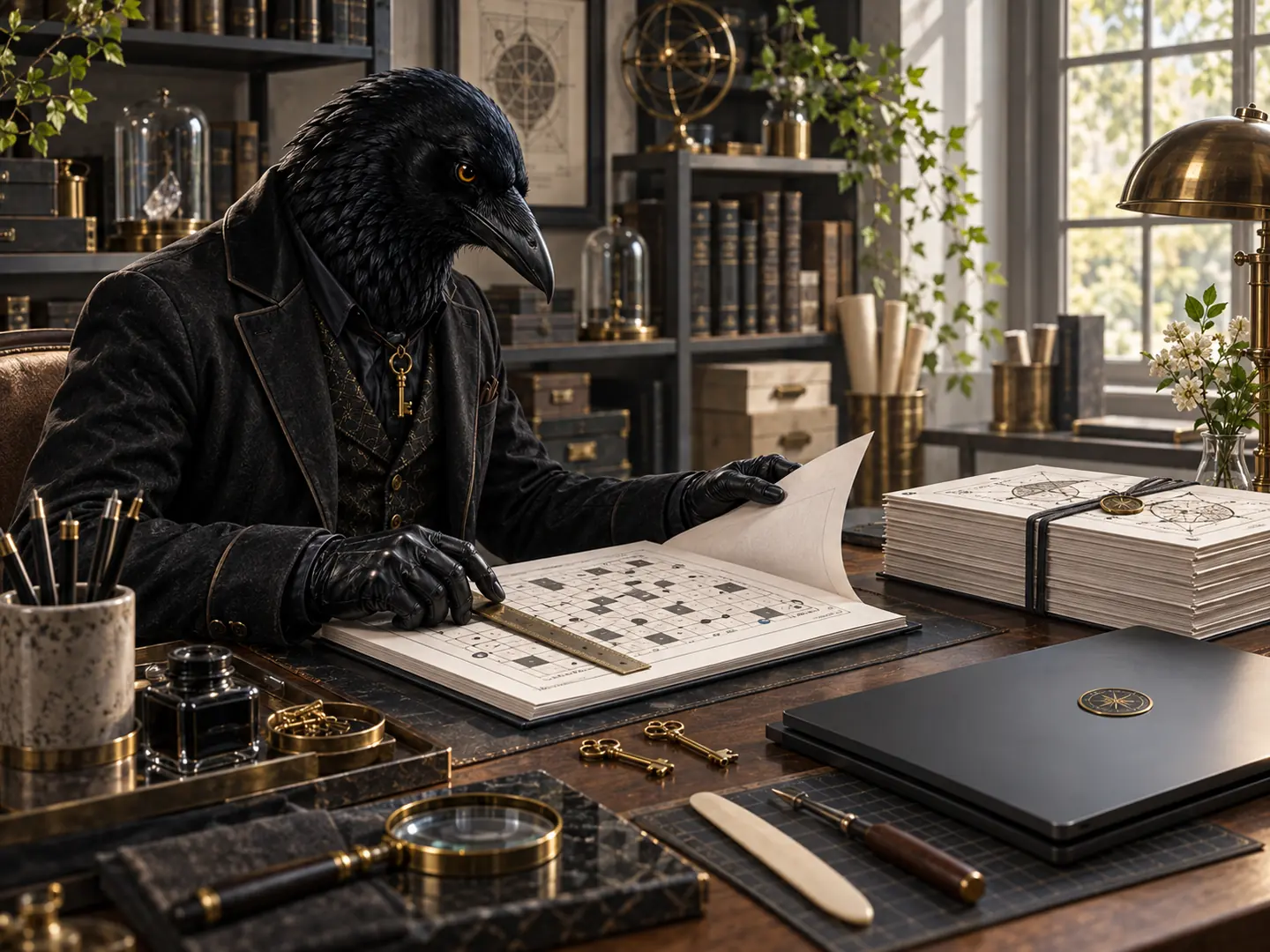 Rook checks a mystery manuscript at an organized production desk
