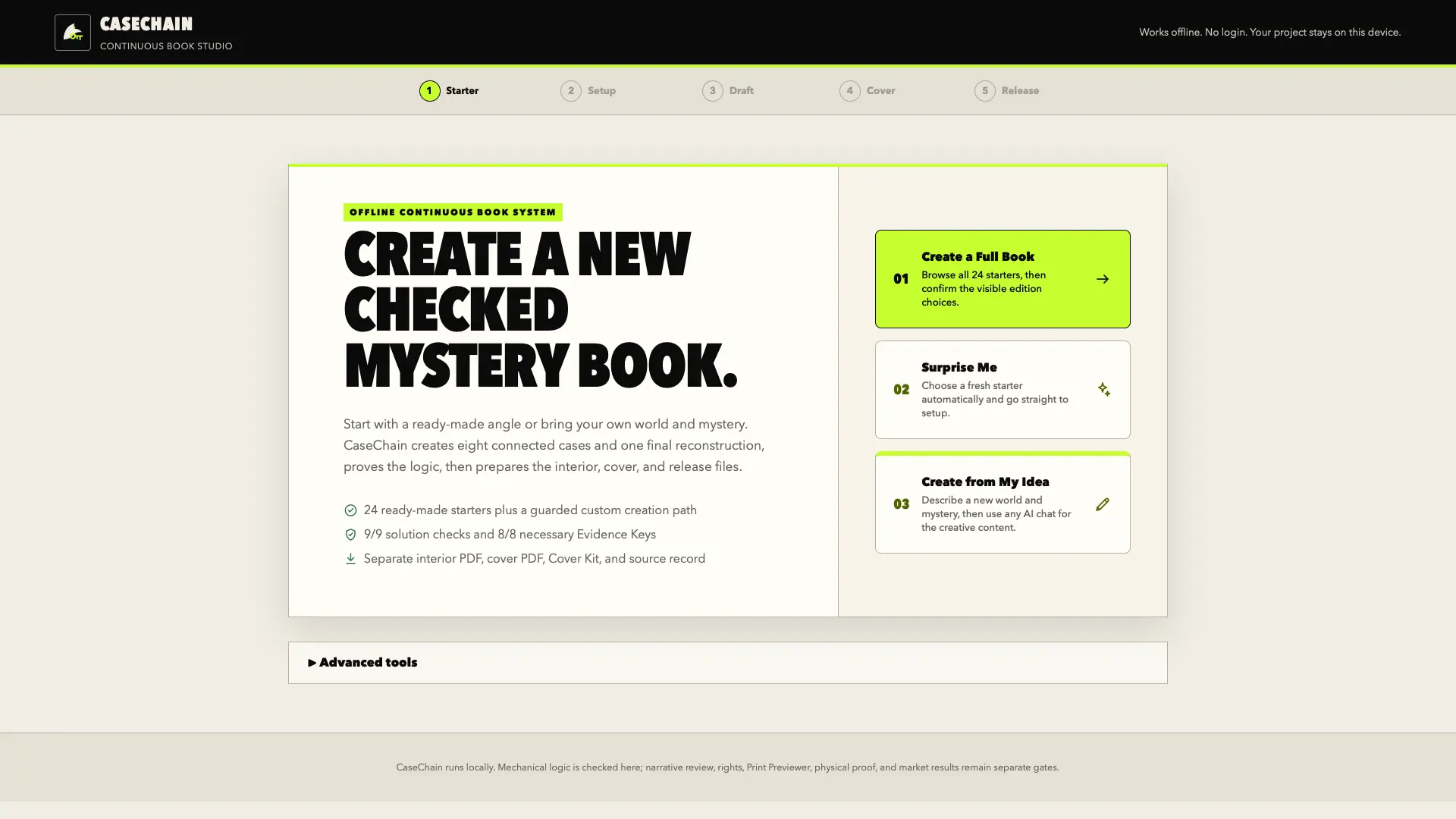 CaseChain dashboard with Book Starter, Surprise Me, and custom idea routes