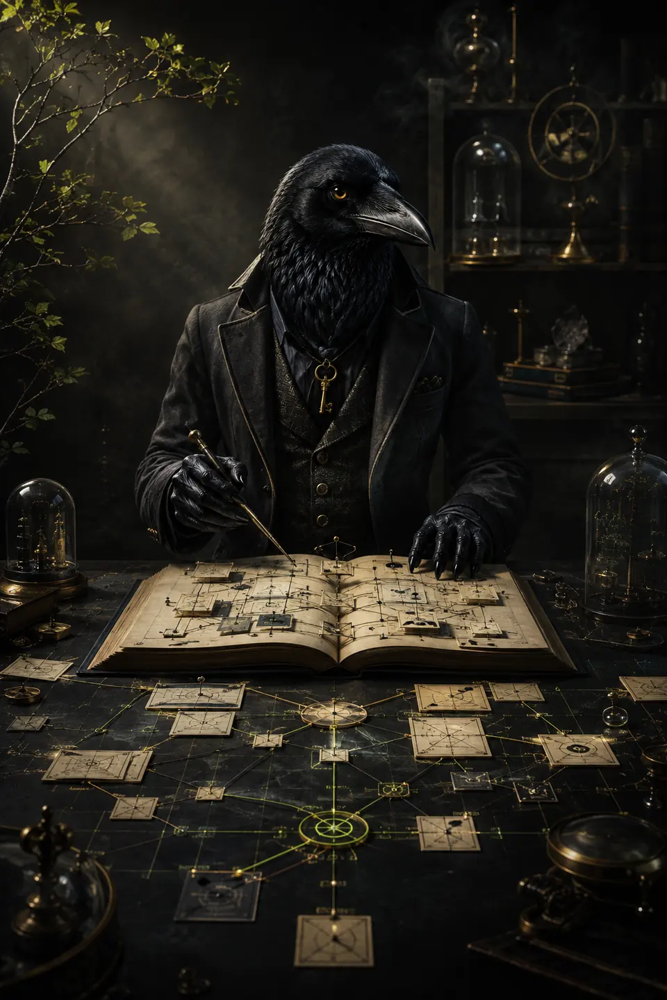 Rook, the raven archivist, linking clues across an open mystery puzzle book