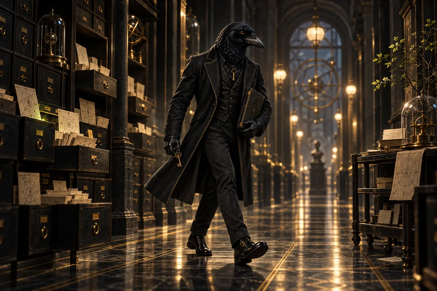 Rook strides through the archive carrying a case file and evidence key