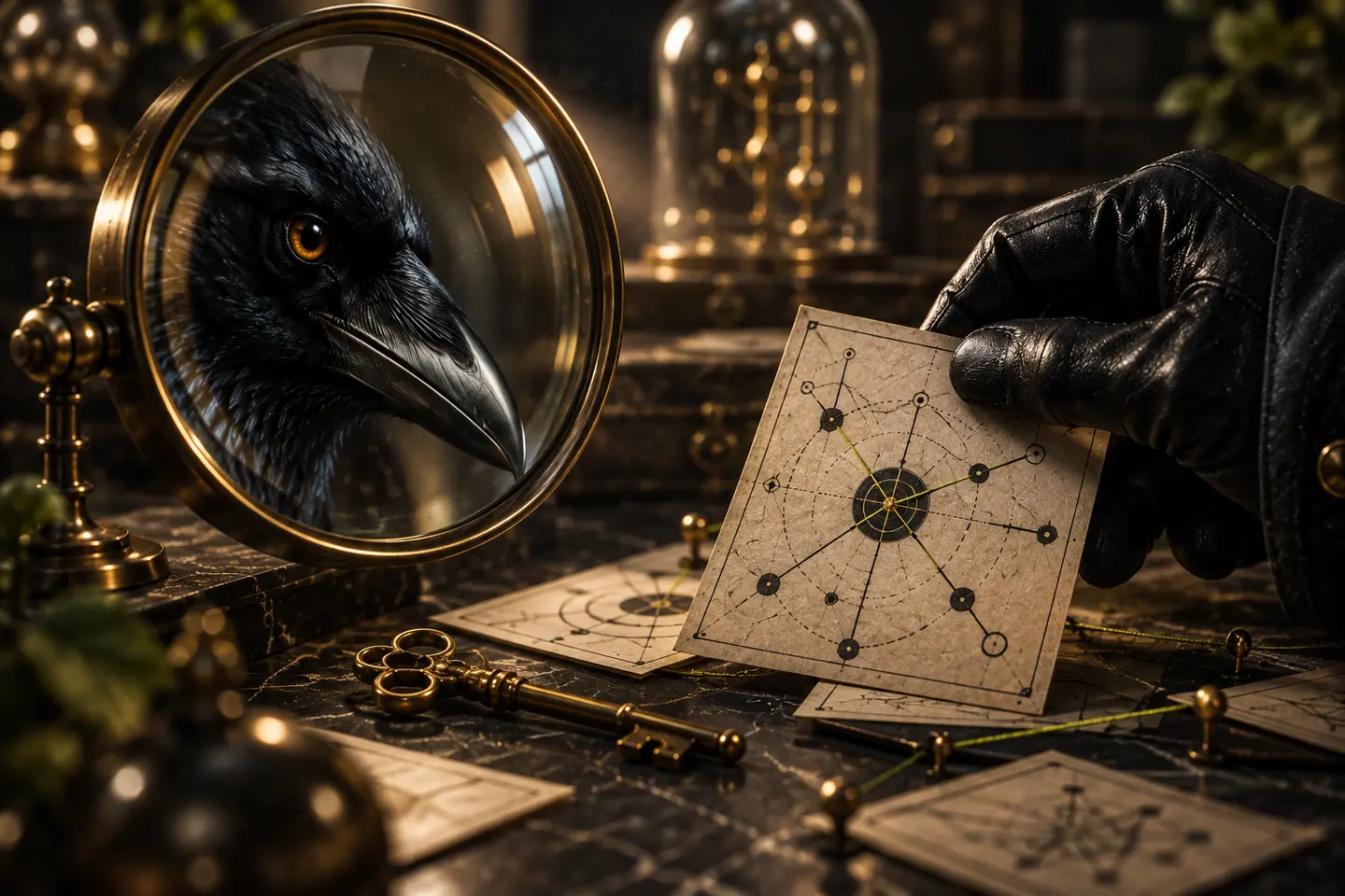 Rook studies one clue through a brass magnifying lens