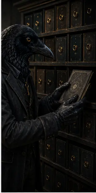 Rook searches a wall of case files for a coherent book premise