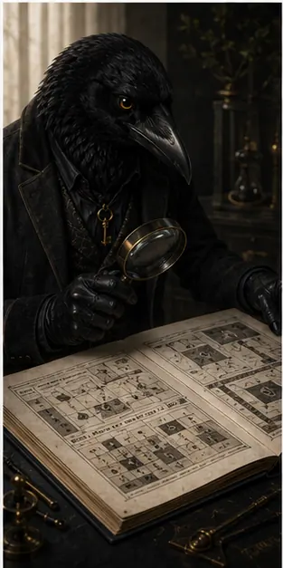 Rook inspects a monochrome mystery manuscript before release