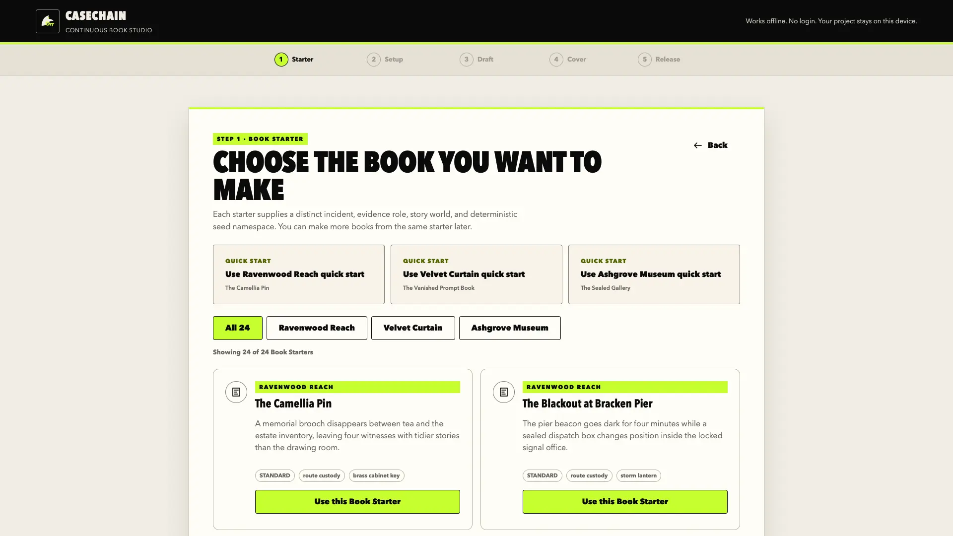 CaseChain starter library showing prepared and custom starting routes