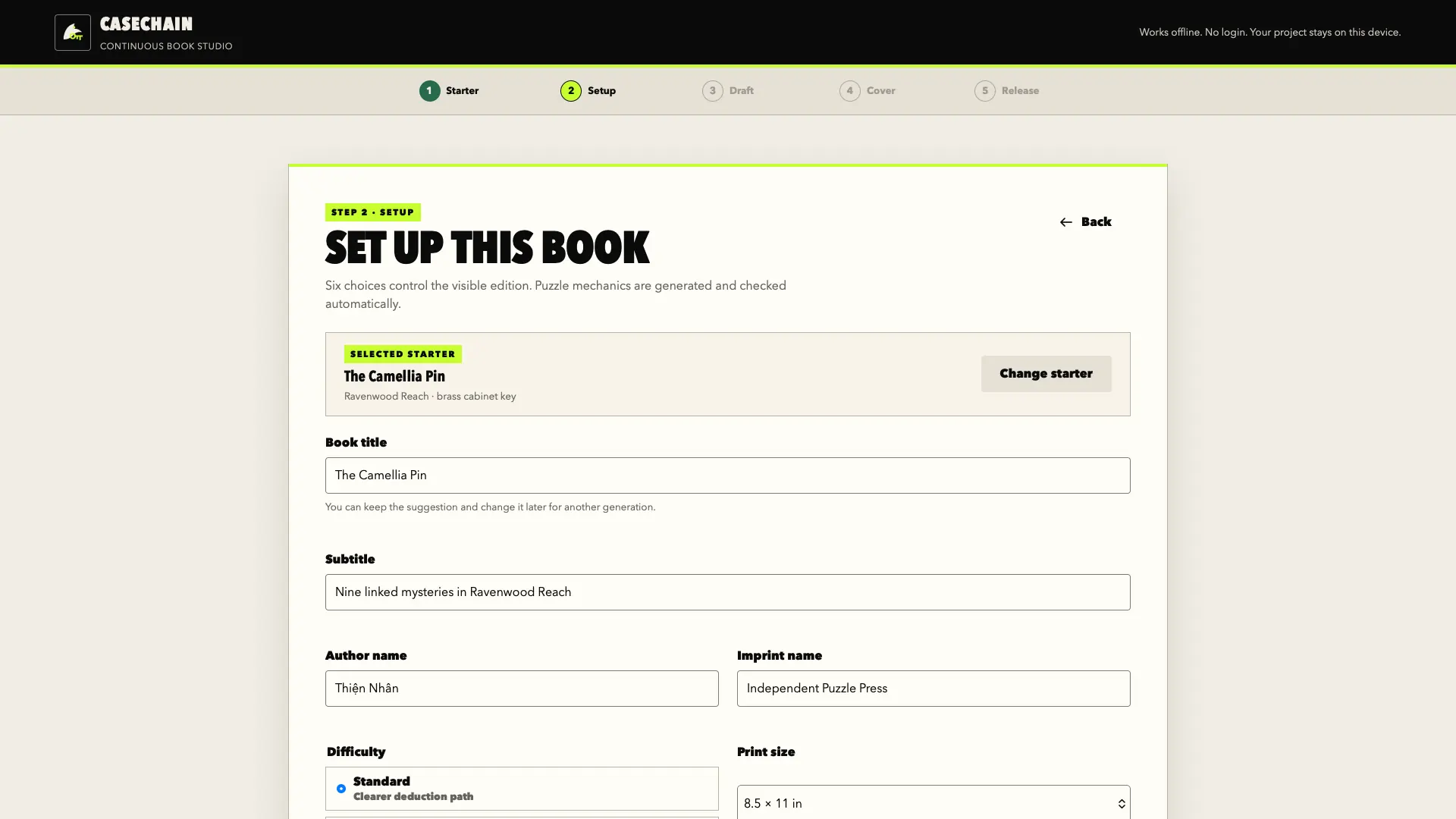 CaseChain setup panel for title, author, difficulty, and print profile