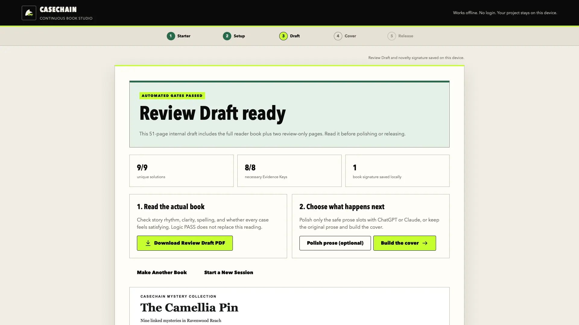 CaseChain Review Draft panel showing linked cases and Evidence Keys ready for review