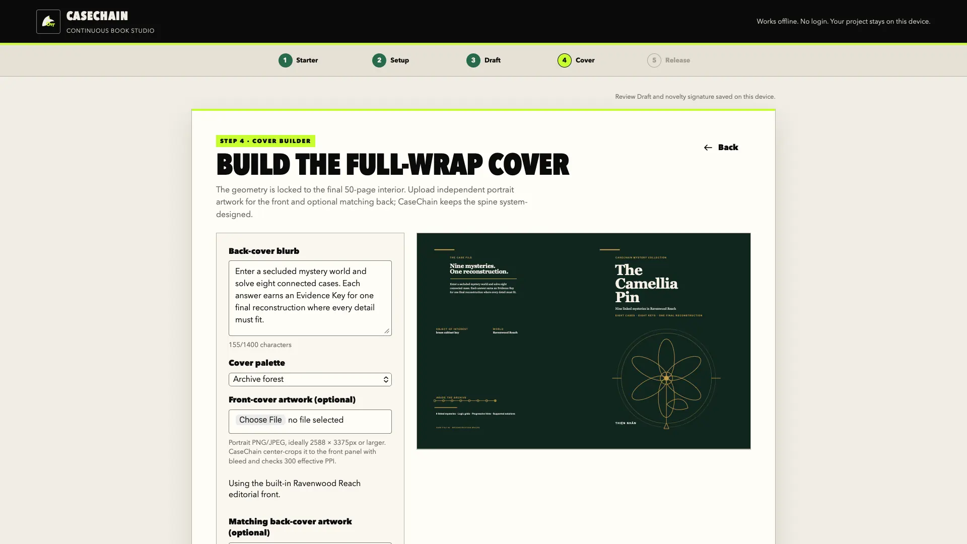 CaseChain Cover Builder preparing front and optional back artwork for a full-wrap PDF