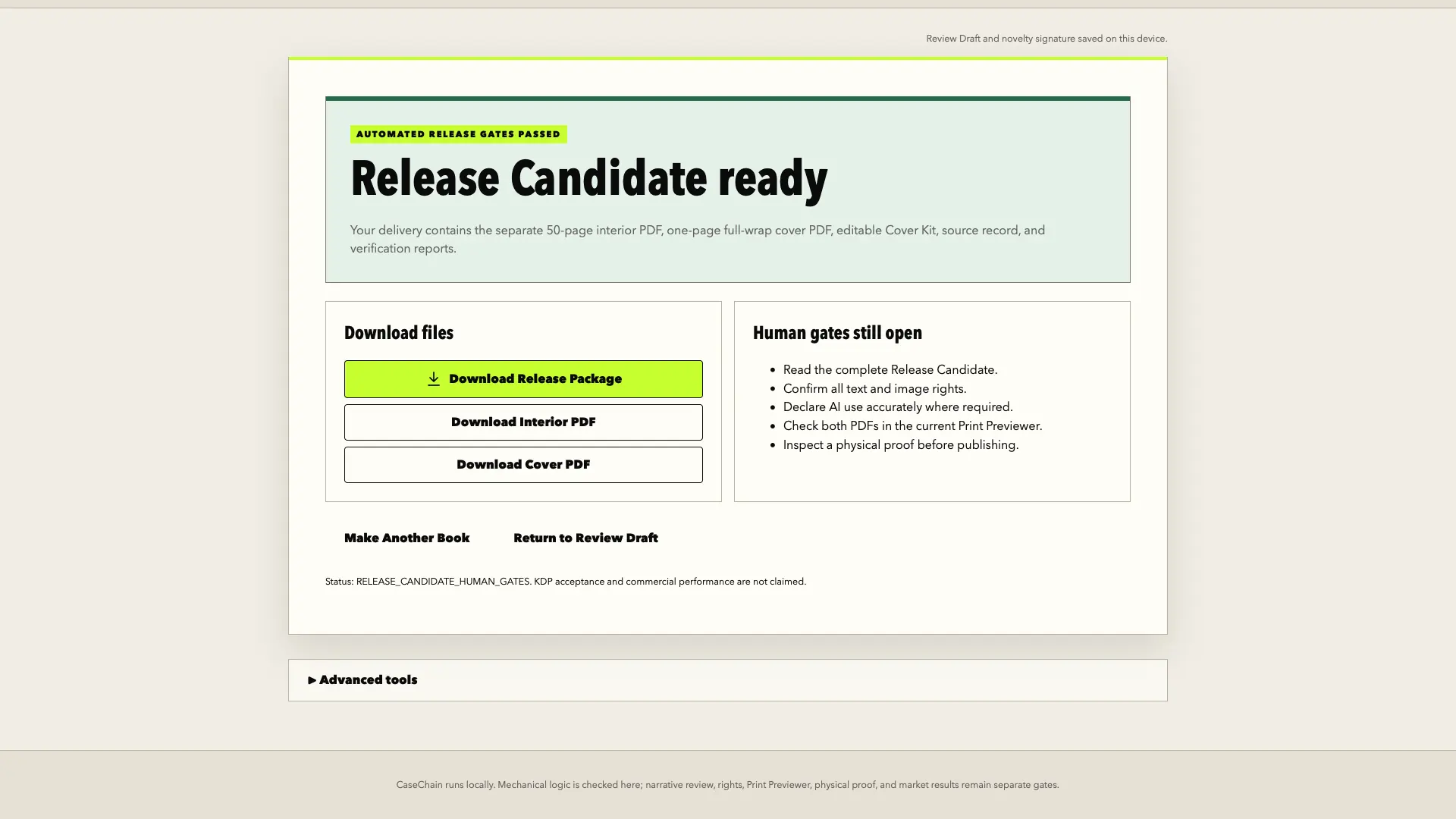CaseChain release panel with reader files, cover files, sources, and verification records